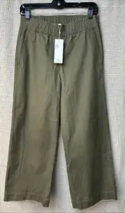 EILEEN FISHER XS Pants Organic Cotton Tencel Twill Wide Crop Fringed Olive NWT