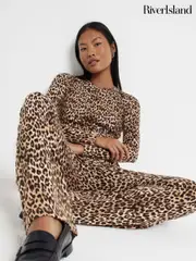 River Island Petite Leopard 2 Piece Animal Ribbed T-Shirt and Flare Leggings Set (AP4564) | $92