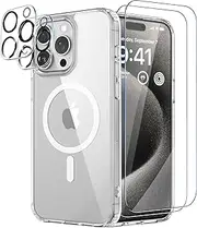 LTZEMOO 5in1 Magnetic for iPhone 15 Pro Max Case Clear - Compatible with MagSafe i15 Pro Max Phone Case Cover Accessories 2 Tempered Glass Screen Protector+2 Camera Lens Protector