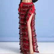 Women Long Belly Dance Skirt Sexy Side Slit Sequin Tassel Hip Scarf Practice Fit