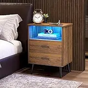 LVSOMT Mid Century Bedside Table with LED Lights, Rustic Brown Bedroom Nightstand with Charging Station, Modern Night Stand, End Table with Drawers for Living Room