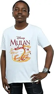 [Absolute Cult] Disney Boys Mulan Mushu Dragon Fire T-Shirt White 12-13 years