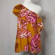 Mossimo Womens Top One Shoulder Flounce Fringe Trim Bold Floral Pattern Small
