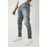 Mens Grey Tall Skinny Stretch Overdyed Applique Gusset Jeans
