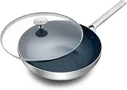 Blue Diamond Stainless Steel 11" Wok Pan with Glass Lid, Induction Compatible, Diamond Infused PFAS-Free Ceramic Nonstick, Multi Clad, Chefs Pan, Dishwasher Safe, Oven Safe, Stay Cool Handle, Silver