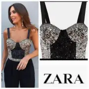 NWT Zara Sz M Black Cropped Sequin Pearls Tank Top