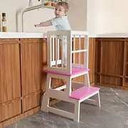Kids Kitchen Step Stool, Toddler Montessori Learning Standing Tower, Ideal Toddler Kitchen Stool Helper for Bathroom Sink or Kitchen Counter - 2025 Design with 3 Exclusive Upgrades - White+Pink