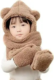 [EUBUY] Winter Faux Fur Hood Hat Scarf and Gloves for Children, 3 in 1 Lambswool Hooded Scarf for Girls and Boys 1-7 Years Old