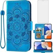 [Asuwish] Phone Case for Samsung Galaxy A14/M14 5G Wallet Cover with Tempered Glass Screen Protector and Leather Flip Credit Card Holder Stand Flower Cell Accessories A 14 4G 14A 14M G5 Women Men Blue