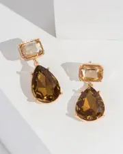 Brown Double Crystal Shape Drop Earrings