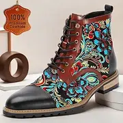 Men's Premium Cowhide Leather Lace-Up Boots with Floral Jacquard Design and Cap Toe - Stylish and Durable Ankle Boots for Casual and Formal Occasions