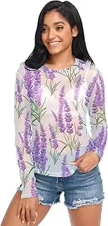 [ODAWA] Lavender Flowers Leaves White Long Sleeve Sheer Blouse Mesh Sheer Tops Comfortable Shirt for Women