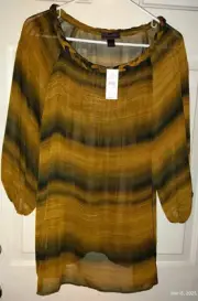Ann Taylor LOFT Size Large Long Sleeve Sheer Top Black Brown NWT Trulli