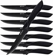HISSF Steak Knives Set of 8, Black Serrated Stainless Steel Sharp Blade Flatware Steak Knife Set, 4.5 Inches,Non Stick Coating for Anti-Rusting, for Restaurant Tableware Kitchen Camping