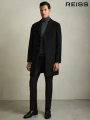 Reiss Black Gable Wool Blend Single Breasted Epsom Overcoat (676535) | $670