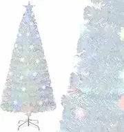 Costway Pre-Lit Fiber Optic Christmas Tree, White Artificial Christmas Tree w/Iridescent Leaves, Multi-Color Snowflake LED Lights, Top Star Light, Xmas Holiday Party Decor for Office, Home (1.8 m)