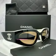 CHANEL NIB Cat Eye Sunglasses Black White CC Logo Authentic Italy CH6056 Limited