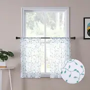 Leaves Short Sheer Tier Curtains Teal Blue Leaf Embroidery Kitchen Half