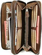 [ALMADIH] Large Leather Women's Wallet with Mobile Phone Compartment and Wrist Strap - Double Zip, 12 Card Slots, RFID Protection, Coin Compartment - Wallet Brown (Giana Vintage), Brown vintage, L,