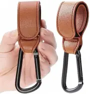 2 Pack Stroller Hooks Durable Leather Style Adjustable Carabiner Clips for Di...
