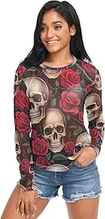 [RPLIFE] Vintage Skulls Red Roses Mesh Tops, Sheer See Through Tops for Women S-XXL