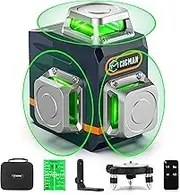 CIGMAN Laser Level Self Leveling 3x360° 3D Green Cross Line for Construction and Picture Hanging, Rechargeable battery, Remote Controller, Magnetic Rotating Stand Included