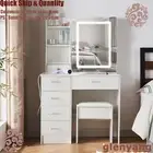Dressing Table Stool Set Makeup Vanity Desk w/ LED Sliding Mirror & 6 Drawers