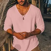 Men's Linen Shirt Tee Top Long Sleeve Shirt Long Sleeve V Neck Summer All Seasons Solid Color Daily Casual Street Style Plain Outdoor Street Causal White Pink