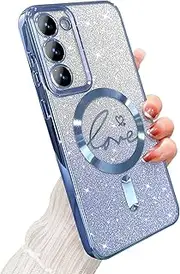 [ELEPIK] for Galaxy S23 Plus Case with Camera Protector, [Full Camera Cover Protection] [Compatible with MagSafe] [Love Heart Plating] [Glitter Bling Plating] Clear Magnetic Slim Phone Case, Blue