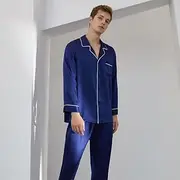 [Generic] Silk Pajamas for Men Soft 19MM Long Sleeve Sleepwear Loungewear Top with Pocket and Pants 2 Piece Pijamas para Hombres Button-Down Pj Set