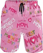 [GuoChe] Men's Beach Shorts Pink Happy Mothers Day Love You Mom Quick Dry Bathing Suits Hot Summer Swim Trunks Mesh Lining