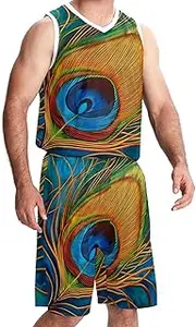 [KQNZT] Basketball Jersey with Shorts, Personalized Jersey, Mens Basketball Jerseys, Vintage Peacock Feather Pattern