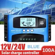 Solar Panel Charge Controller 100A 12V/24V PWM Dual USB Battery Regulator