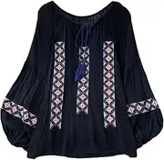 [Vaveren] Women Embroidery Blouse Pullover Fashionable Lightweight Clothes Balloon Sleeves