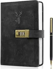 ZukoCert Journal With Lock A5 PU Leather Diary With Lock 240 Pages, Retro Journal With Lock And Key To Protect Your Privacy, Unisex.（Deer Head Style, Black）