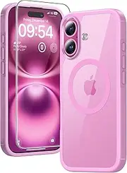 TAURI 3 in 1 for iPhone 16 Case 6.1" with 2-Pack Screen Protector, Compatible with MagSafe, Military-Grade Protection, [Anti-Yellowing] Shockproof Transparent Magnetic Phone Cover - Pink