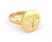 Ram Aries Horoscope Bark Textured Adjustable Ring Shiny gold plated brass 4864