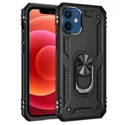 For Apple iPhone 12 Mini Case, Military Grade 360 Degree Rotating Metal Magnetic Ring Car Mount Holder Kickstand Shockproof Heavy Duty Cover (Black)