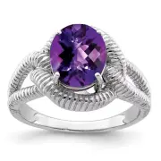 Sterling Silver Rhodium-plated Oval Checker-Cut Amethyst Ring Size 7