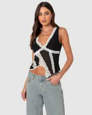 EDIKTED Womens Chiffon & Lace Sheer Asymmetric Top BLACK-AND-WHITE
