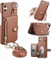 Durable Removable Crossbody Wallet Phone Case for Samsung Galaxy A06 5G, Zippered Purse,Ring Holder,Integrated Mirror,Card Slot,Multi-Angle Stand in Elegant Pebbled Leather Cover(Brown)