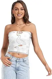 [RPLIFE] Cute Little Geese White Women Tube Top Sheer Tube Tops, Strapless Top, Summer Tube Tops (S)