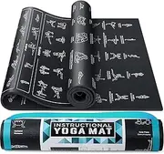 Instructional Yoga Mat with Poses Printed On It & Carrying Strap - 75 Illustrated Yoga Poses & 75 Stretches - Cute Yoga Mat For Women and Men - Non-Slip, 1/4" Extra-Thick Yoga Mat For Beginners