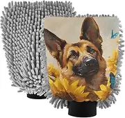 XYMZR Absorbent Microfiber Car Wash Mitt German Shepherd Dog Sunflower, Funny Cute Anime Scratch Free for Cars Cleaning, Home Cleaning Mitts, 2 Pack, 10.24” L x 7.09” W