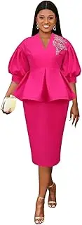 [AOMEI] Women's V Neck Applique Peplum Office Bodycon Midi Dress Short Puff Sleeve Business Work Pencil Dresses for Women
