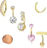 [Milacolato] 3-6Pcs Surgical Steel Belly Button Bars Gold Silver Belly Rings 14G Hypoallergenic Navel Bars CZ Belly Button Ring Clicker Belly Button Piercings Jewellerys for Women