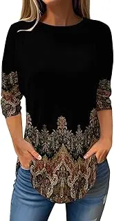 [Generic] Women Running Shirt Top with Three Quarter Sleeves Printed Pullover T-Shirts for Women