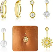 [Zernblend] Pack of 6 Gold Navel Piercings, 16 G, Belly Ring, Pack of 6, Surgical Steel Navel Piercing, Fake Belly Bar, Gold, Large