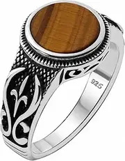 [Alpha Rock] Genuine Solid 925 Sterling Silver Black Onyx Stone, Anatolian Motif Ring for Men