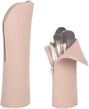 Travel Make-up Brush Holder Organizer Stand-Up Makeup Brush Pouch Silicone Zipper Closure Cosmetic Case Portable and Waterproof Travel Case for Toiletry Makeups Gift (Khaki)